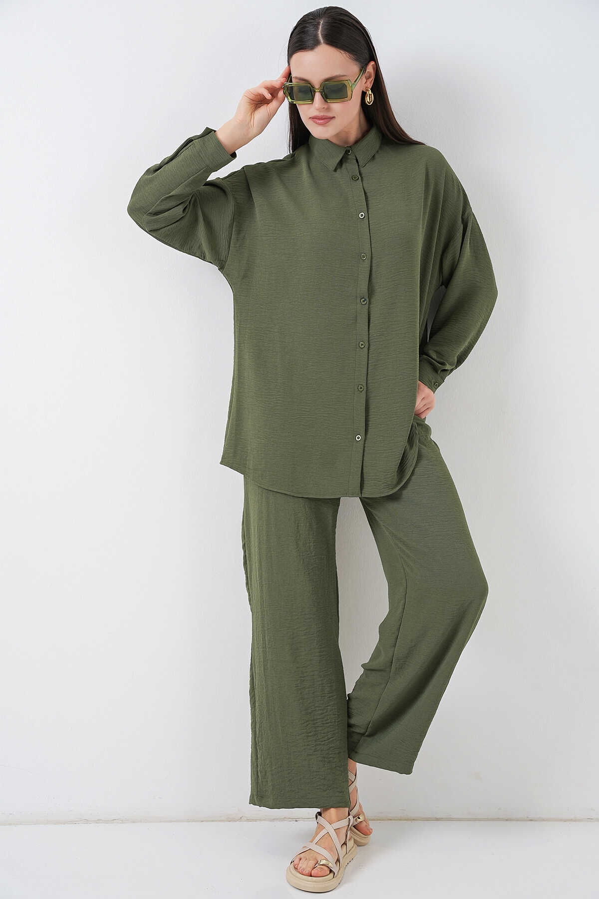 Kadın Gömlek Pantolon İkili Takım 30063 - Haki - BİGDART
