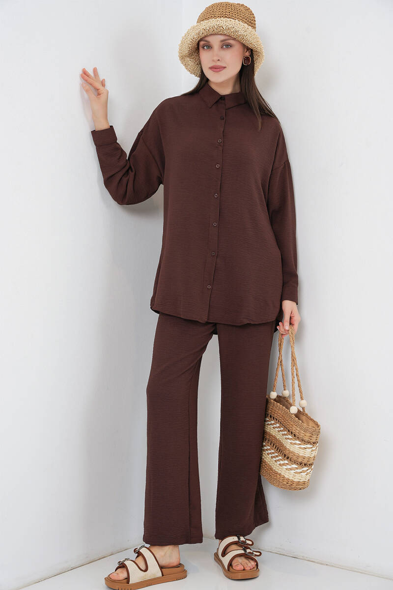 Kadın Gömlek Pantolon İkili Takım 30063 - Kahverengi - BİGDART