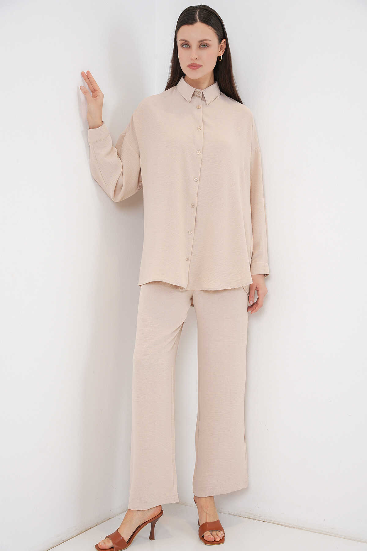 Kadın Gömlek Pantolon İkili Takım 30063 - Krem - BİGDART