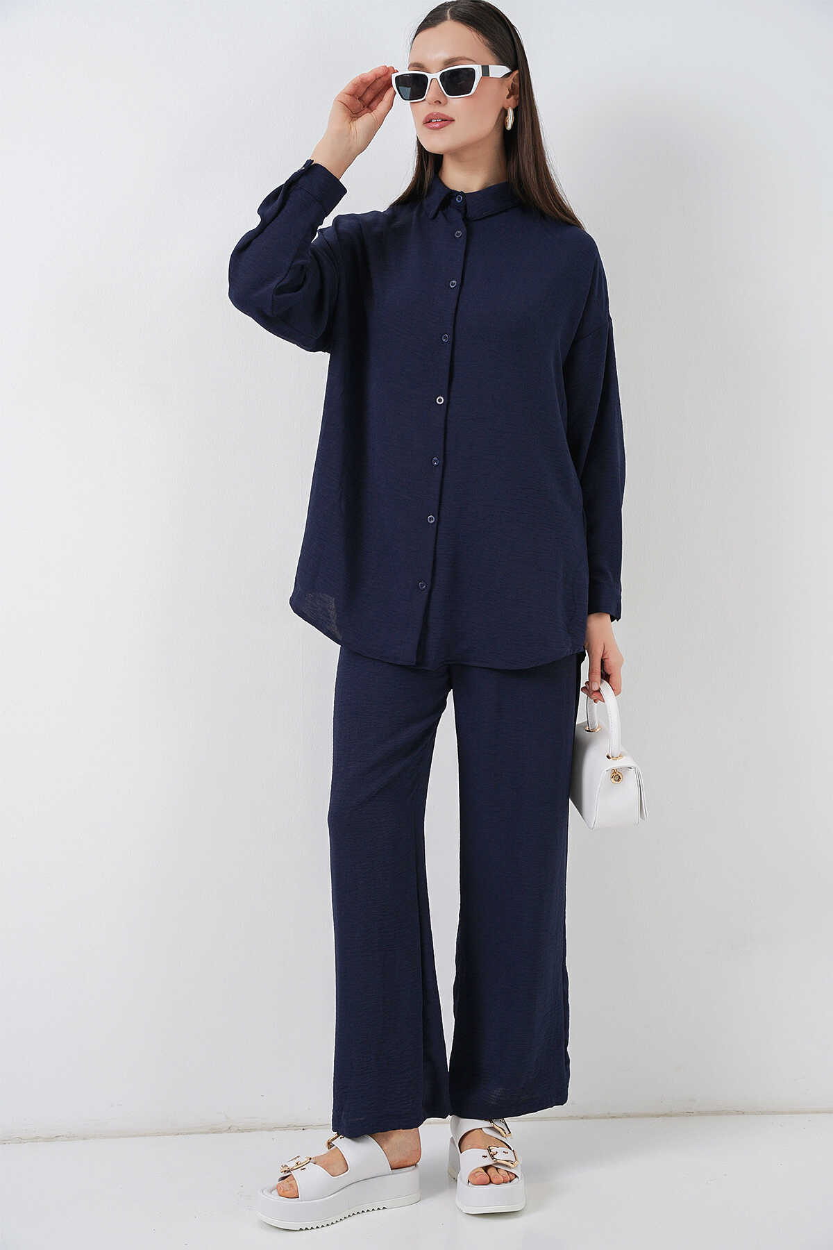 Kadın Gömlek Pantolon İkili Takım 30063 - Lacivert - BİGDART