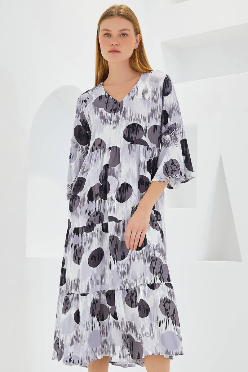 Kadın Gri Siyah Desenli Kısa Kol Viskon Elbise 1959 - BİGDART
