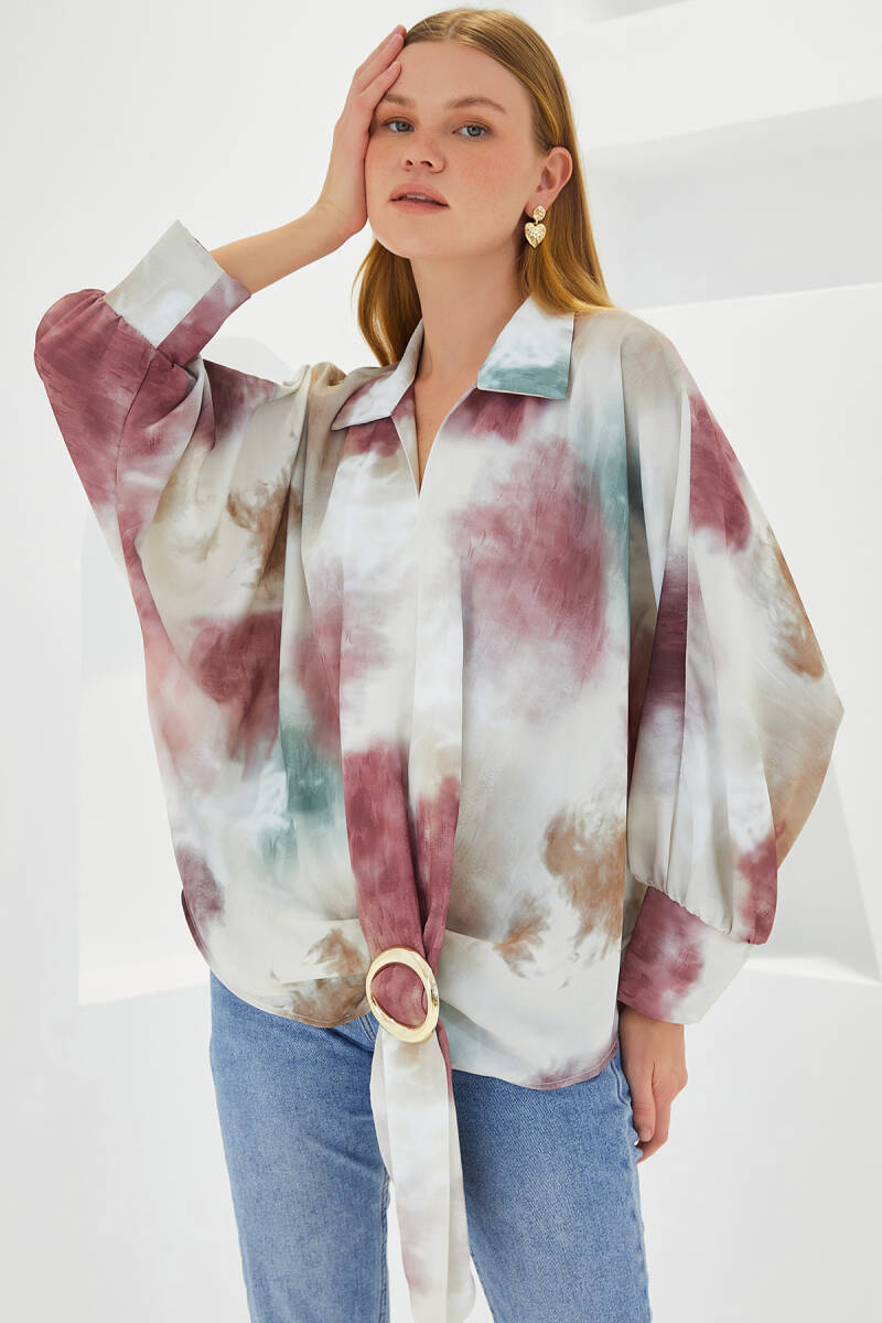 Kadın Gül Kurusu Ekru Oversize Dökümlü Saten Gömlek 907 - BİGDART