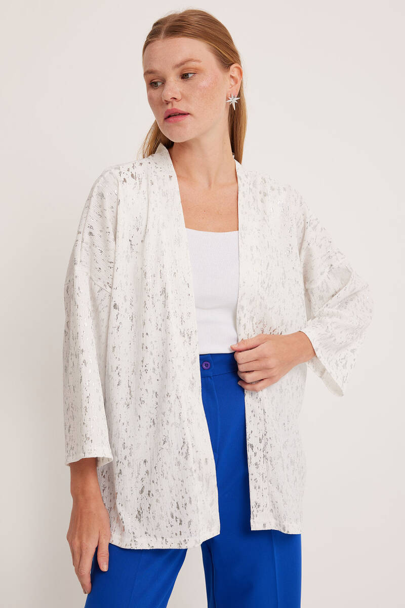 Kadın Gümüş Varaklı Örme Kimono 5925 - BİGDART