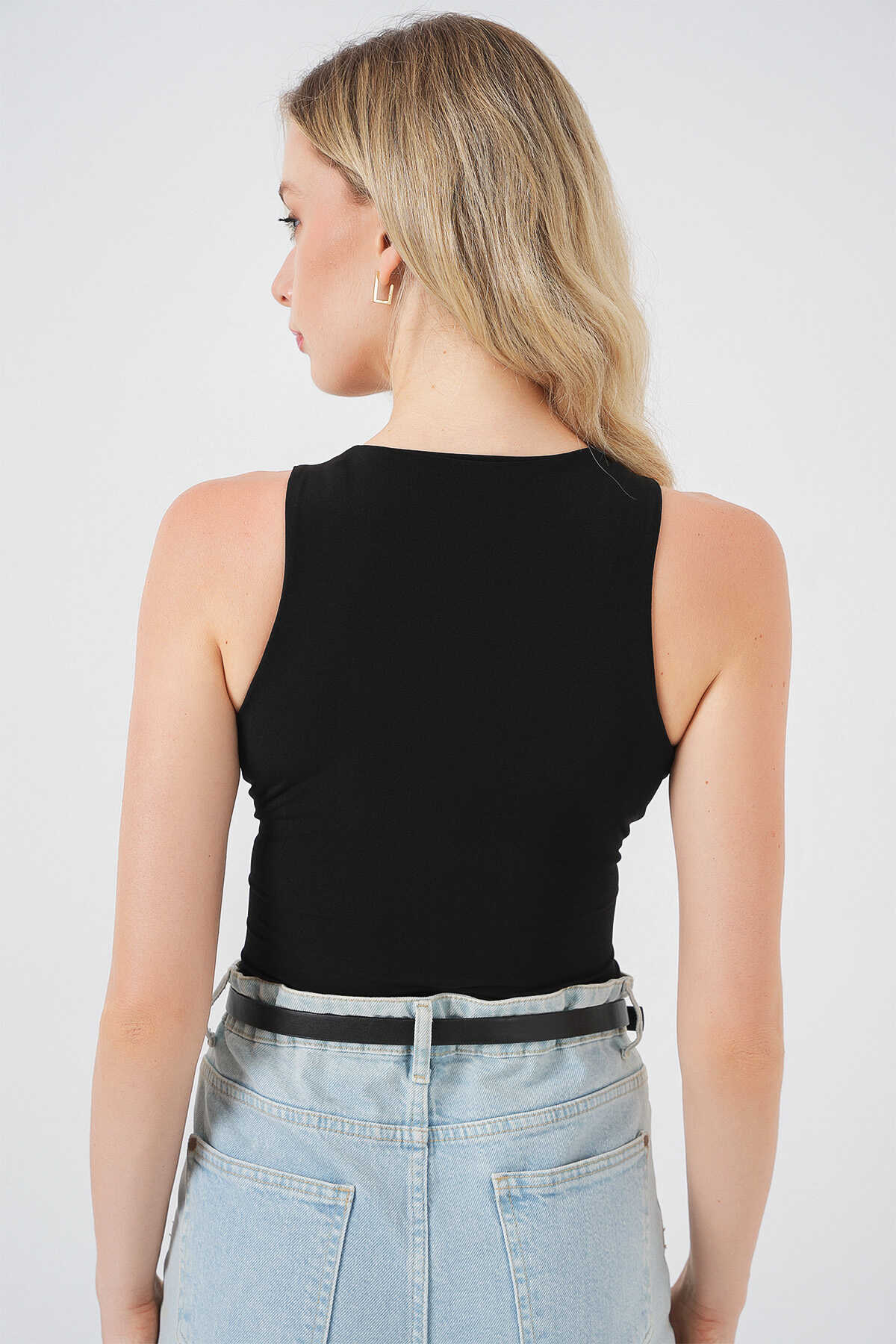 Kadın Halter Yaka Çıtçıtlı Body 972 - Siyah - 7