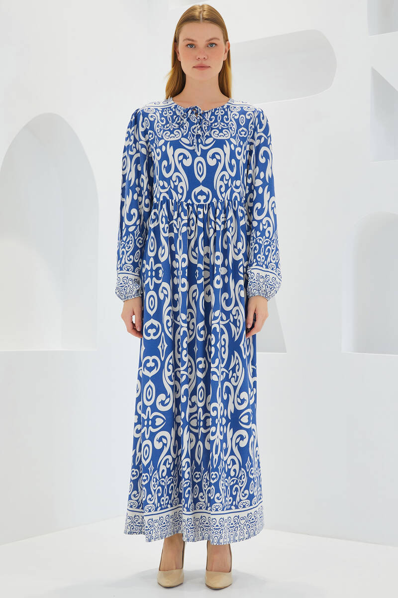 Kadın İndigo Ekru Desenli Uzun Viskon Elbise 1947 - BİGDART