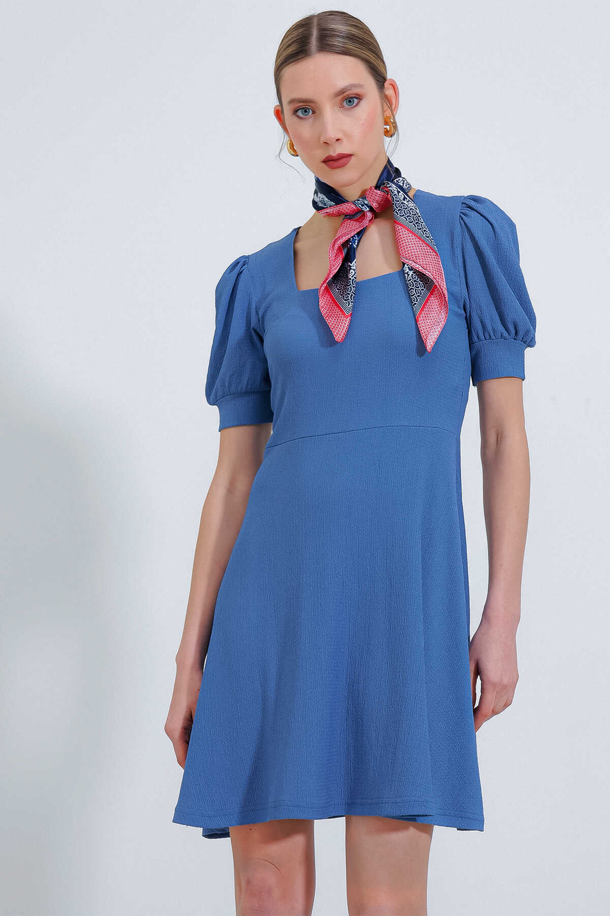 Kadın İndigo Kare Yaka Örme Mini Elbise - 2