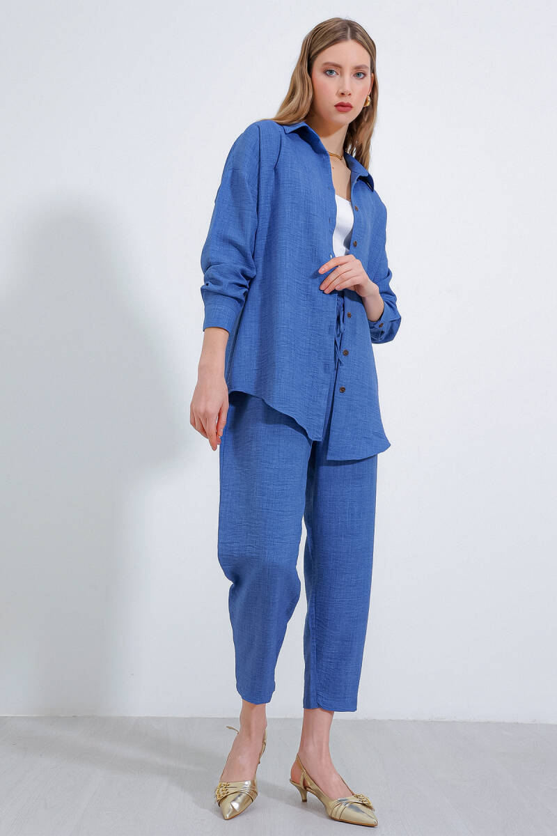 Kadın İndigo Oversize Keten Alt Üst Takım 6622 - BİGDART