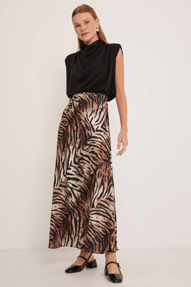 Kadın Kahverengi Bej Desenli Saten Etek 15877 - BİGDART