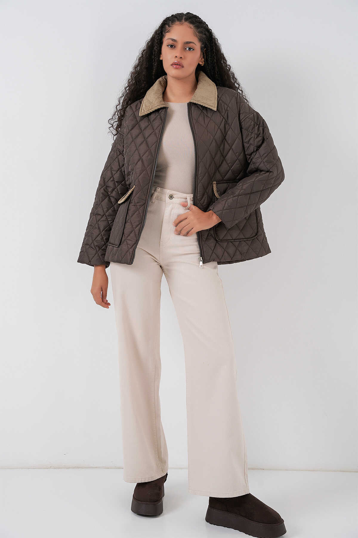Kadın Kahverengi Bej Kapitone Oversize Mont 5229 - 2
