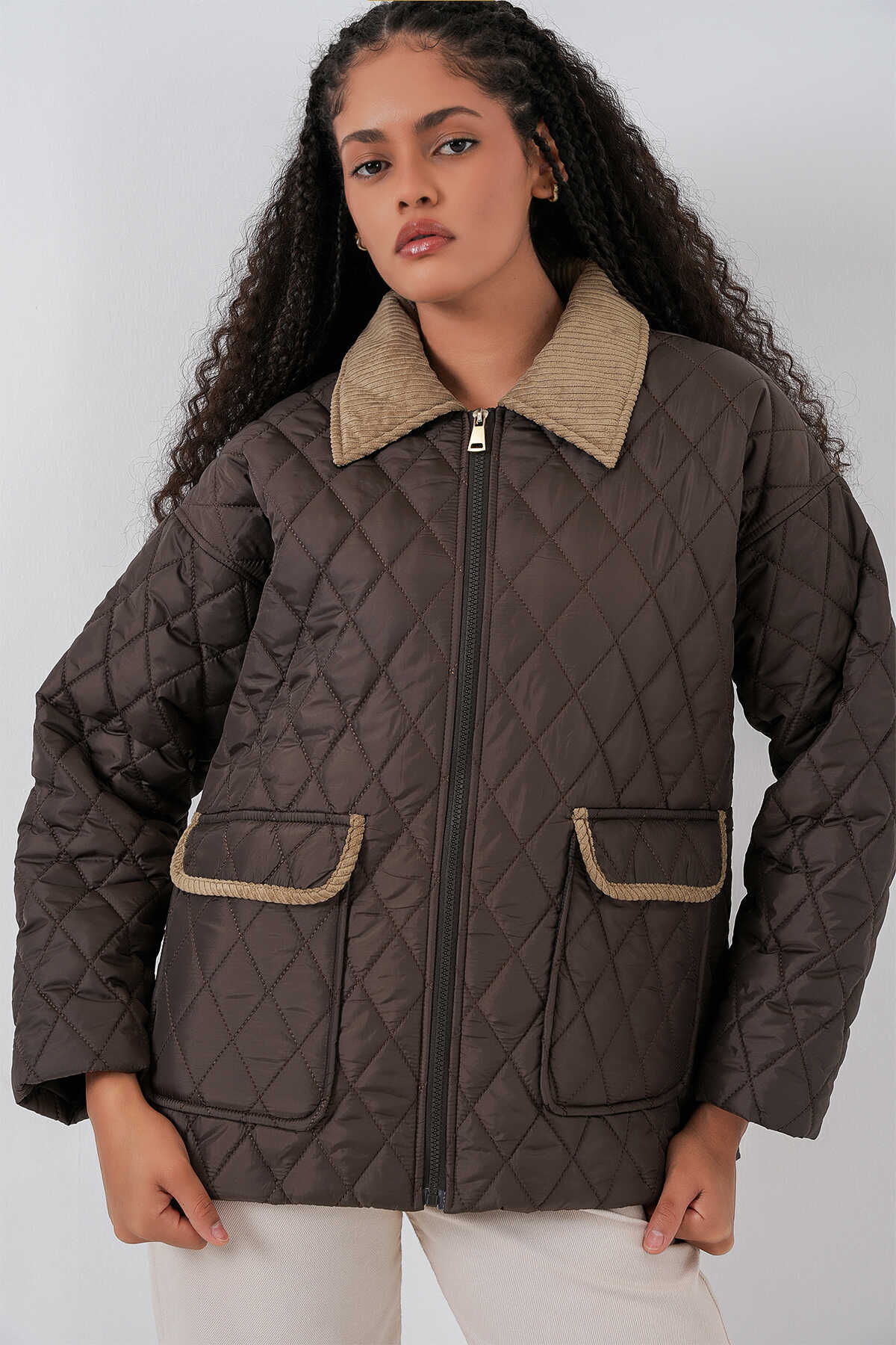Kadın Kahverengi Bej Kapitone Oversize Mont 5229 - 3