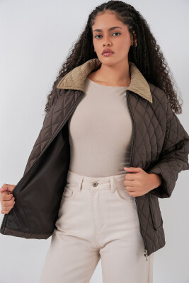 Kadın Kahverengi Bej Kapitone Oversize Mont 5229 - 4