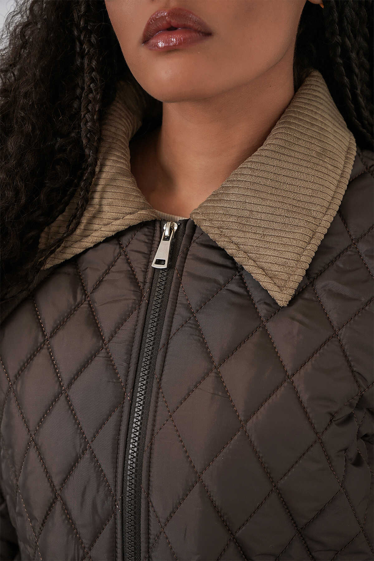 Kadın Kahverengi Bej Kapitone Oversize Mont 5229 - 6