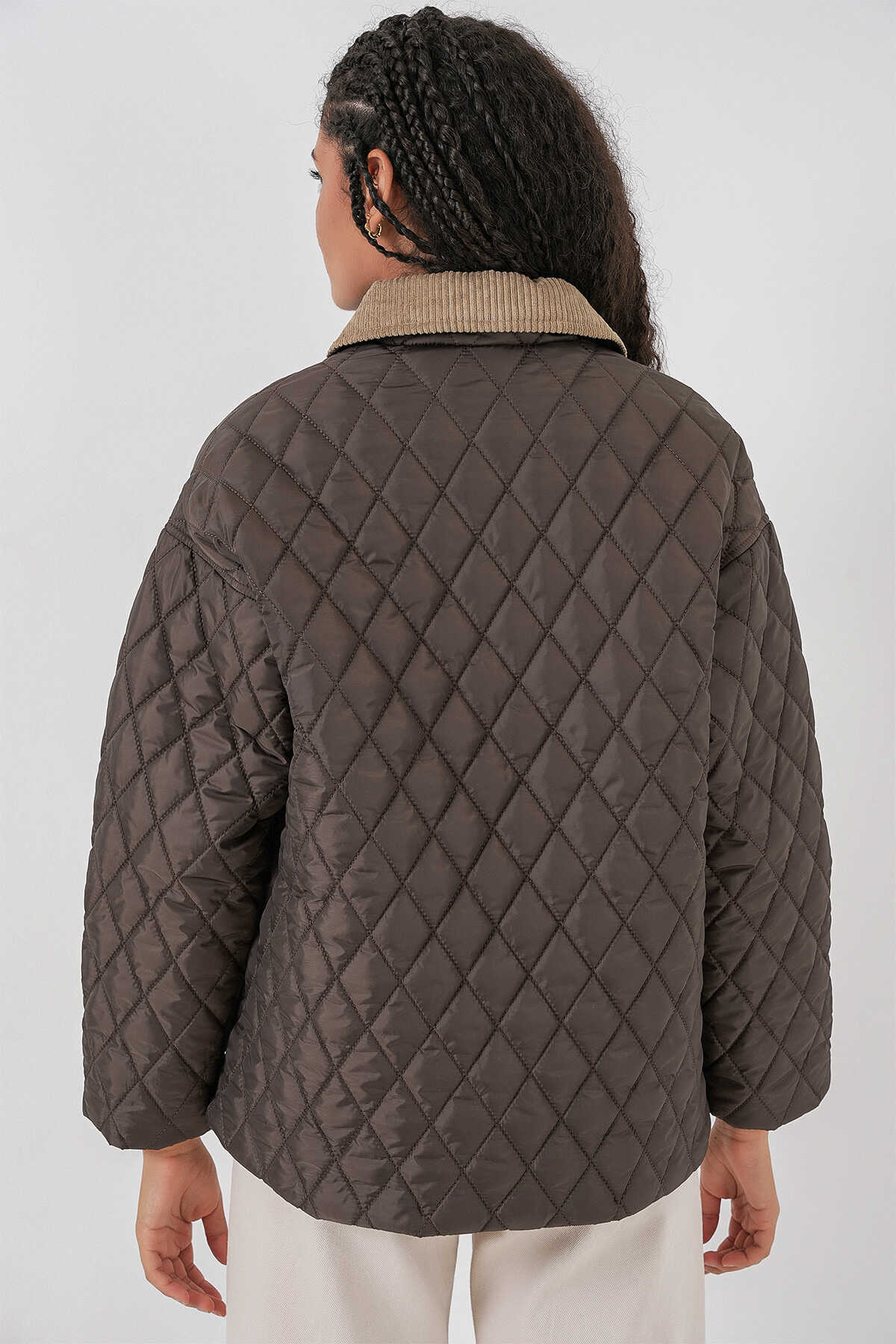 Kadın Kahverengi Bej Kapitone Oversize Mont 5229 - 7