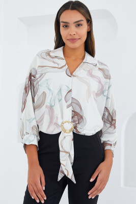 Kadın Oversize Dökümlü Crop Saten Gömlek 906 - Kahverengi 