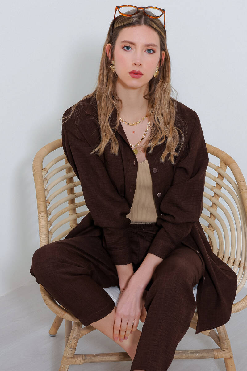 Kadın Kahverengi Oversize Keten Alt Üst Takım 6622 - BİGDART