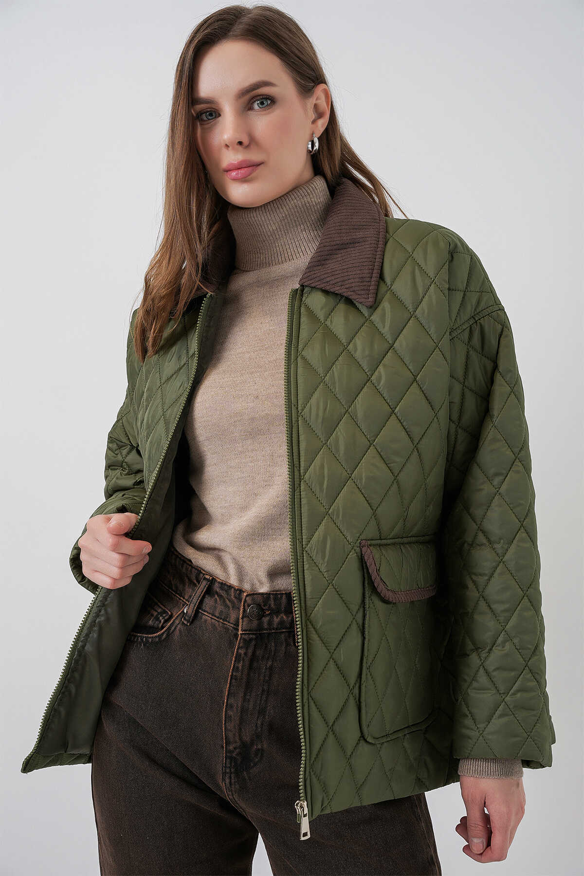 Kadın Kapitone Overisze Mont 5229 - Haki - 1