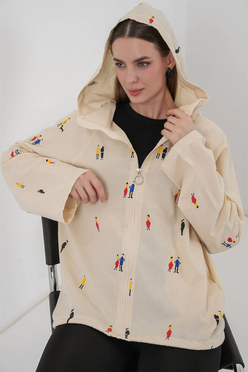Kadın Kapüşonlu Desenli Keten Ceket 0736 - Ekru - BİGDART