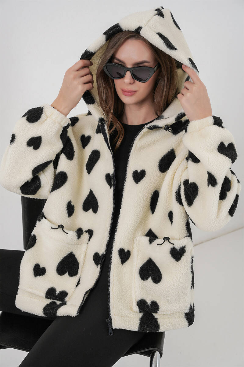 Kadın Kapüşonlu Peluş Ceket 5236 - Ekru - BİGDART