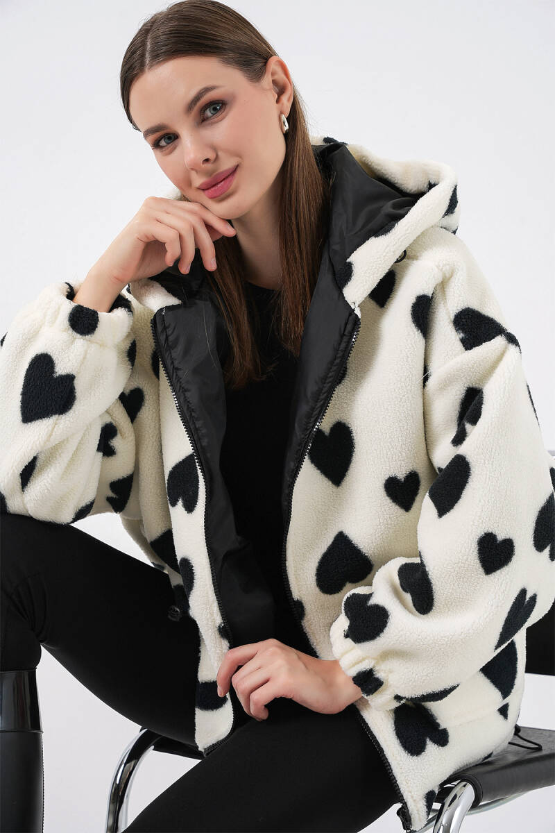 Kadın Kapüşonlu Peluş Ceket 5236 - Ekru - BİGDART