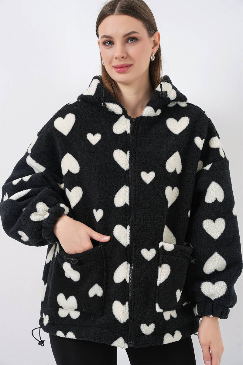 Kadın Kapüşonlu Peluş Ceket 5236 - Siyah - BİGDART