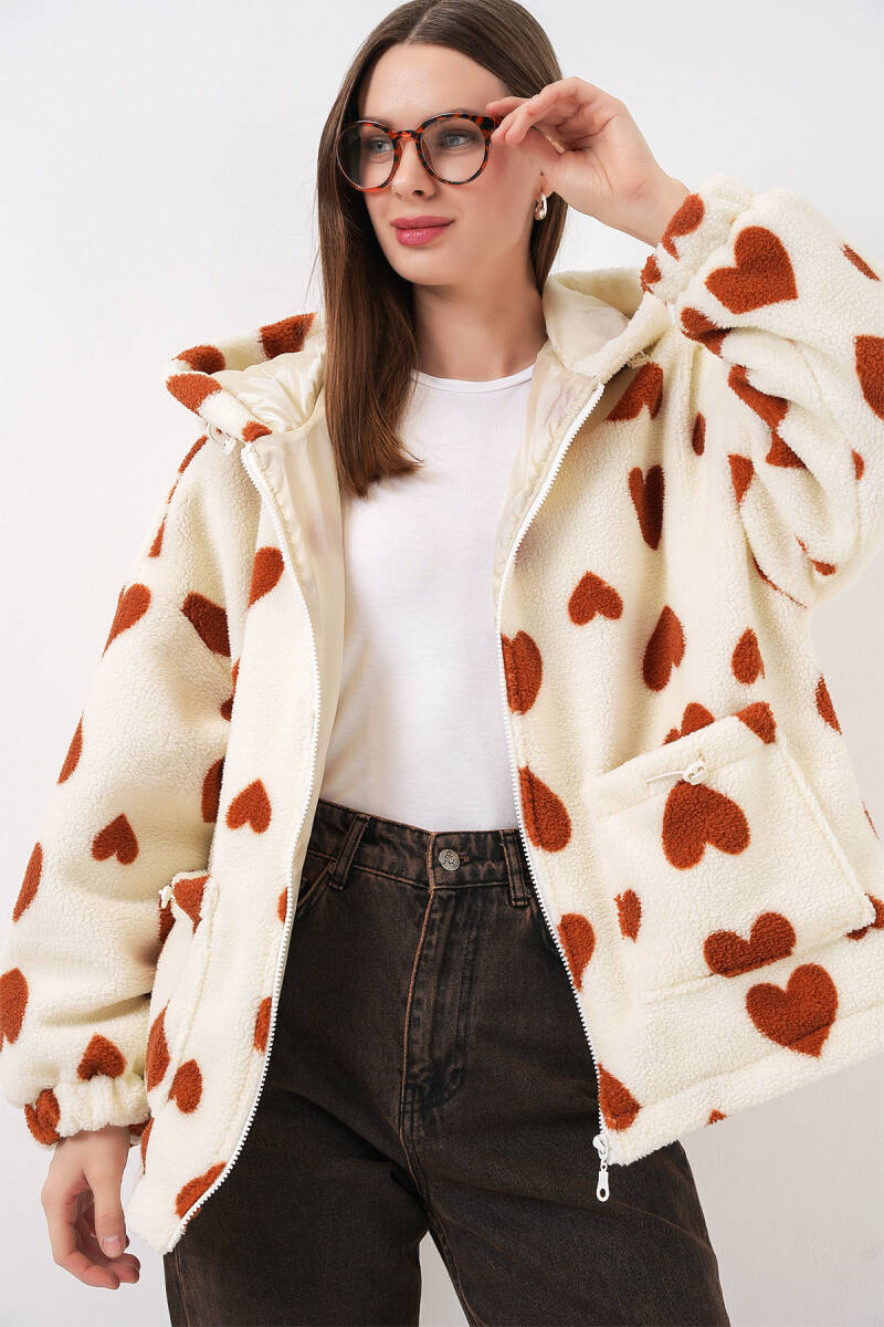 Kadın Kapüşonlu Peluş Ceket 5236 - Taba - BİGDART