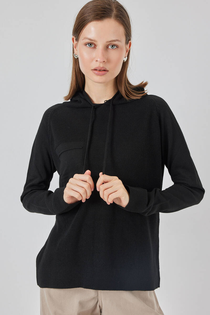 Kadın Kapüşonlu Triko Kazak 15941 - Siyah - BİGDART