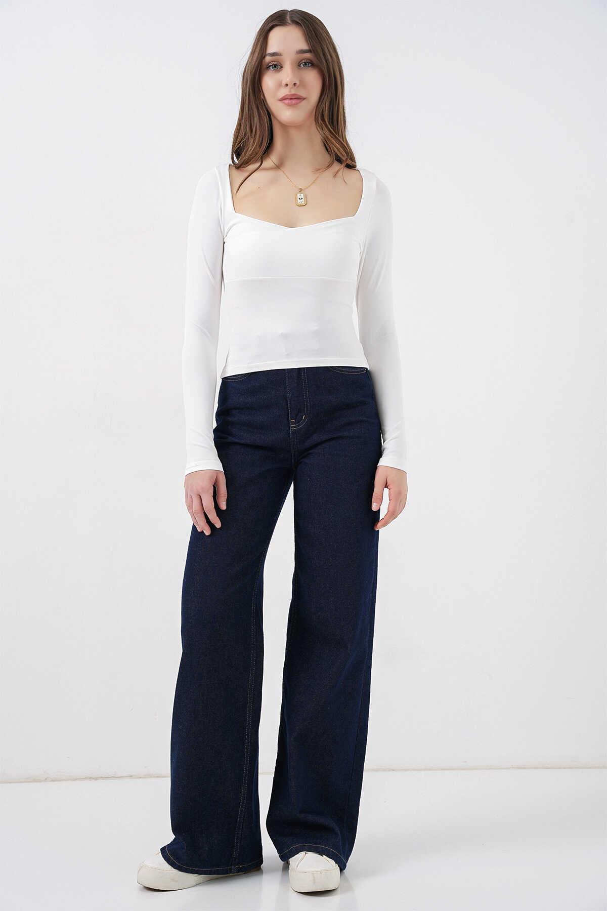 Kadın Kare Yaka Slim Fit Bluz 986 - Beyaz - 2