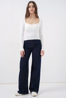 Kadın Kare Yaka Slim Fit Bluz 986 - Beyaz - 2