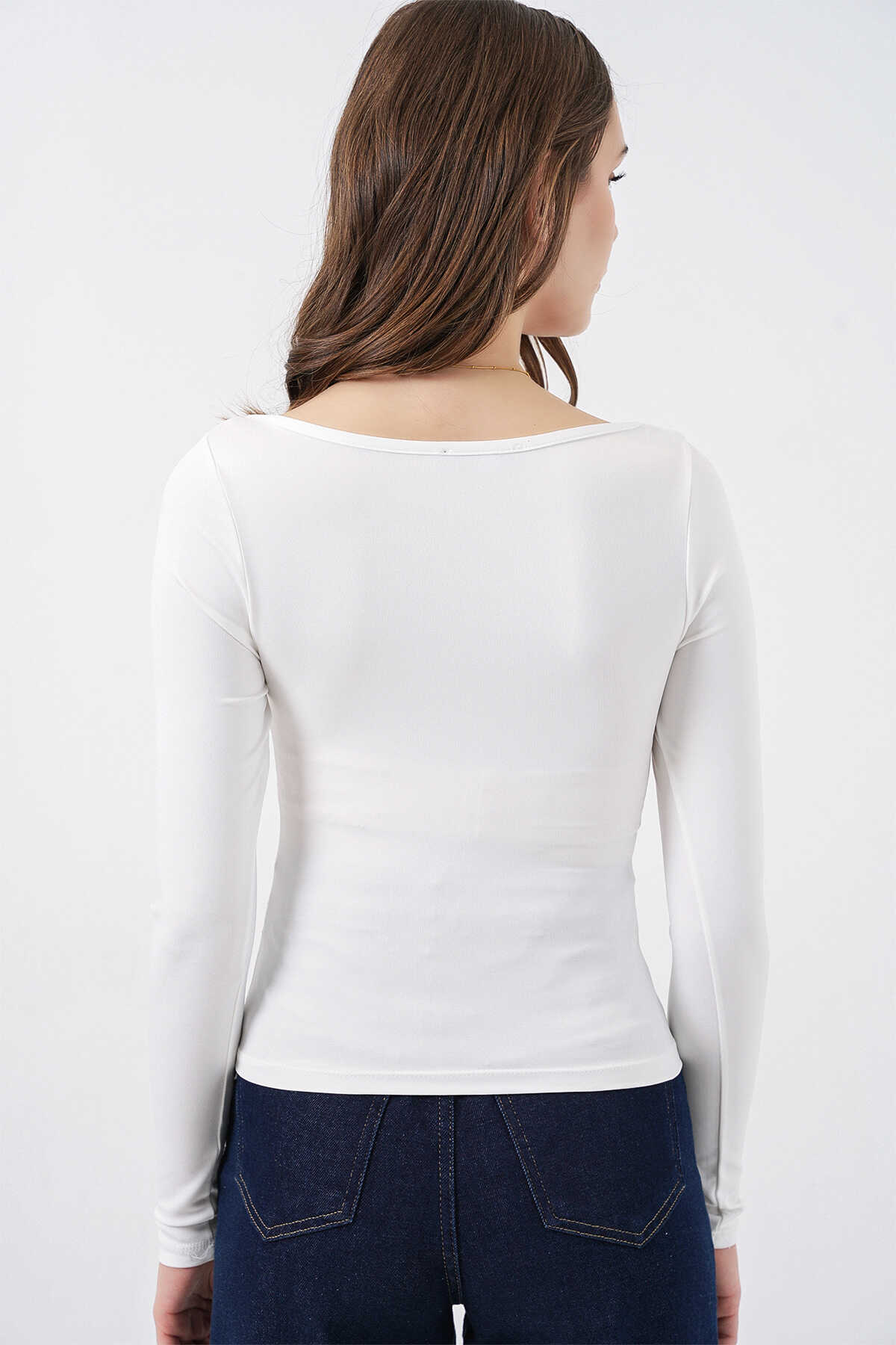 Kadın Kare Yaka Slim Fit Bluz 986 - Beyaz - 6