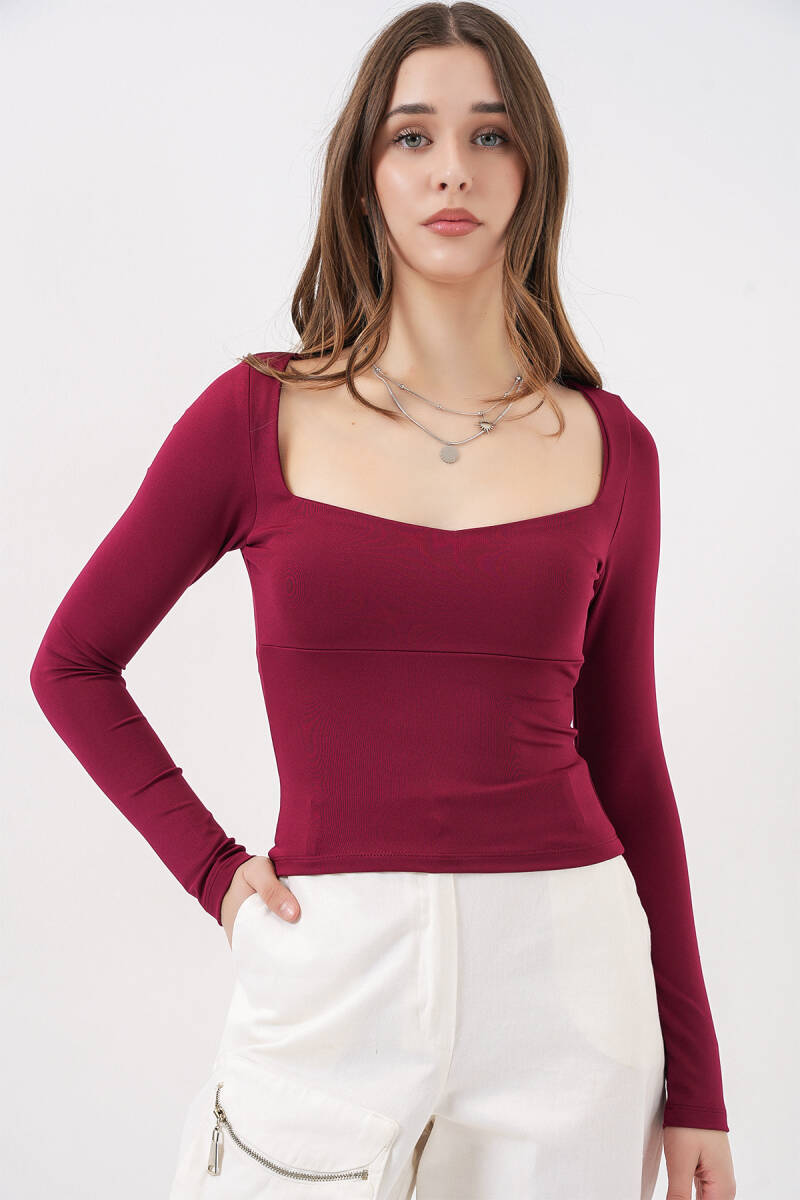 Kadın Kare Yaka Slim Fit Bluz 986 - Bordo (1)