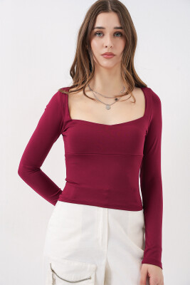 Kadın Kare Yaka Slim Fit Bluz 986 - Bordo - 4