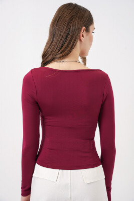 Kadın Kare Yaka Slim Fit Bluz 986 - Bordo - 6