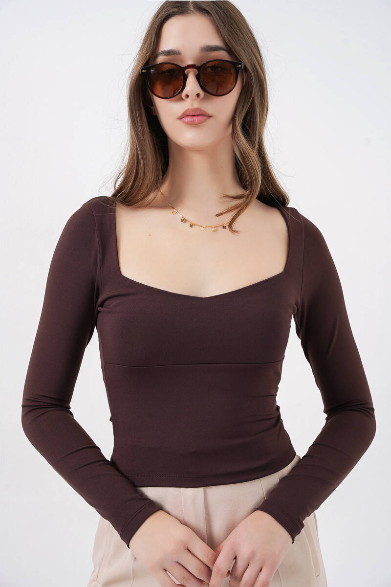 Kadın Kare Yaka Slim Fit Bluz 986 - Kahverengi - BİGDART