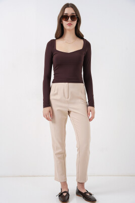 Kadın Kare Yaka Slim Fit Bluz 986 - Kahverengi - 2