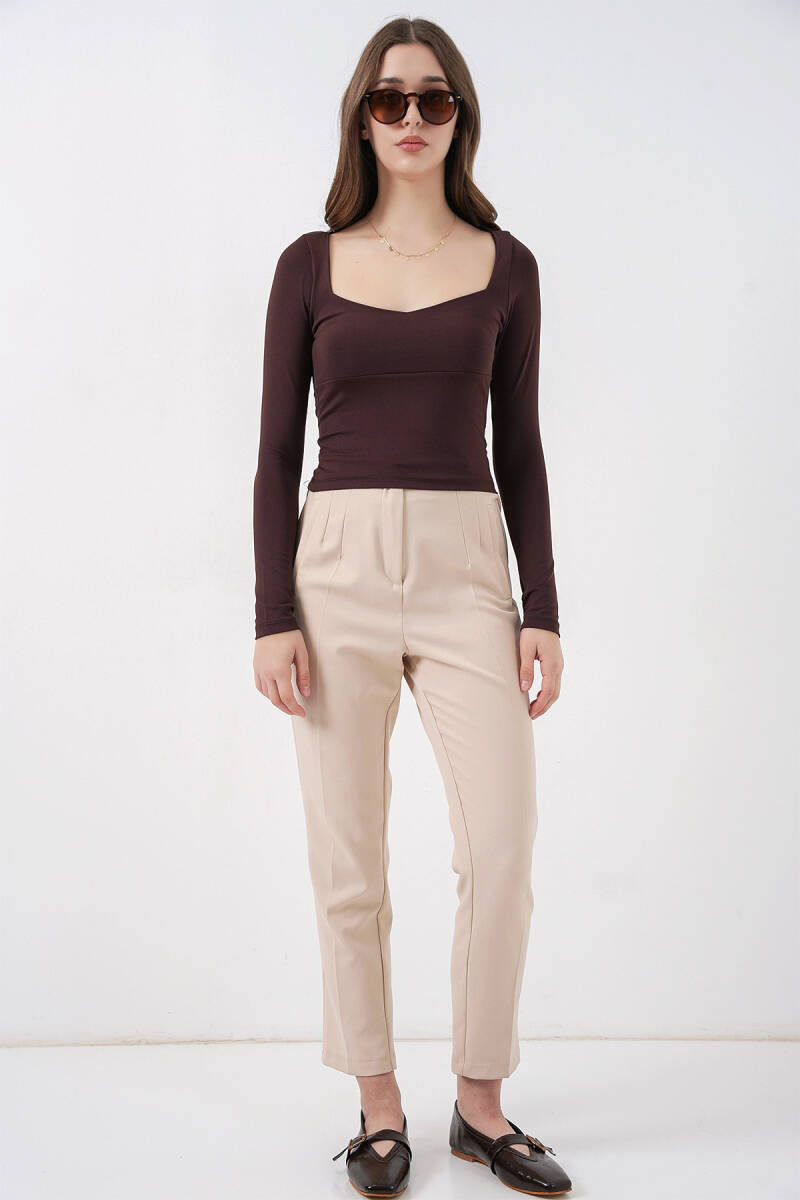 Kadın Kare Yaka Slim Fit Bluz 986 - Kahverengi (1)