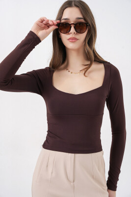 Kadın Kare Yaka Slim Fit Bluz 986 - Kahverengi - 3