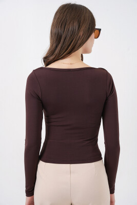 Kadın Kare Yaka Slim Fit Bluz 986 - Kahverengi - 5