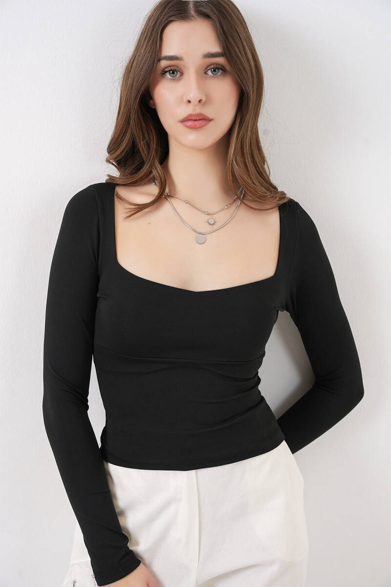 Kadın Kare Yaka Slim Fit Bluz 986 - Siyah - BİGDART