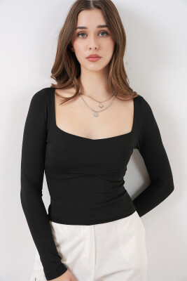 Kadın Kare Yaka Slim Fit Bluz 986 - Siyah - 1
