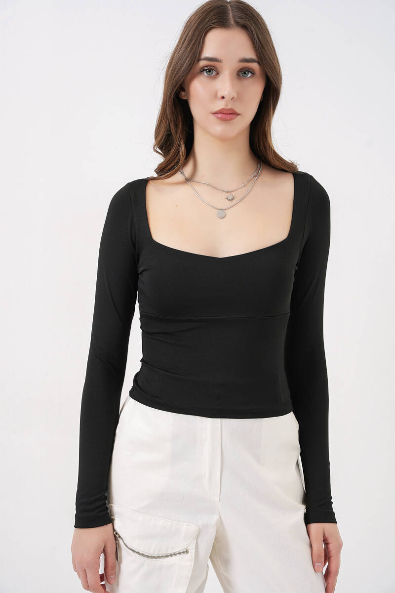 Kadın Kare Yaka Slim Fit Bluz 986 - Siyah (1)
