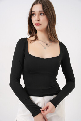 Kadın Kare Yaka Slim Fit Bluz 986 - Siyah - 3