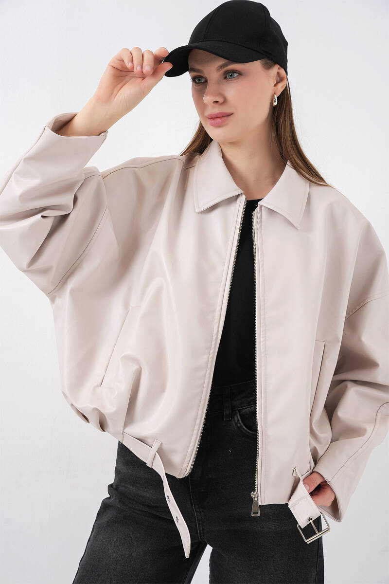 Kadın Kemer Detaylı Deri Ceket 1056 - Ekru - BİGDART