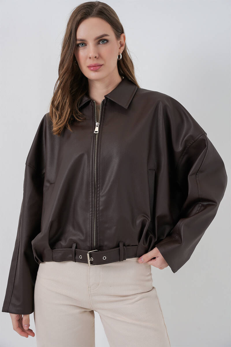 Kadın Kemer Detaylı Deri Ceket 1056 - Kahverengi - BİGDART