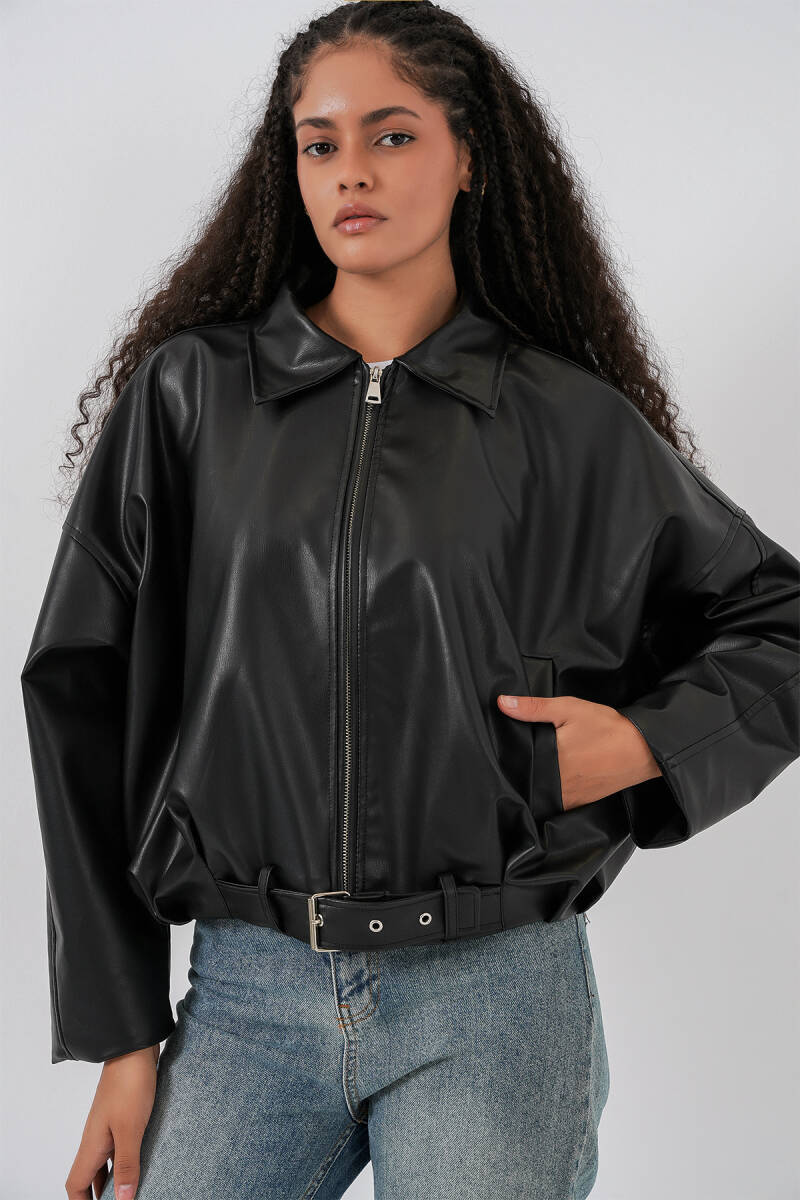 Kadın Kemer Detaylı Deri Ceket 1056 - Siyah - BİGDART