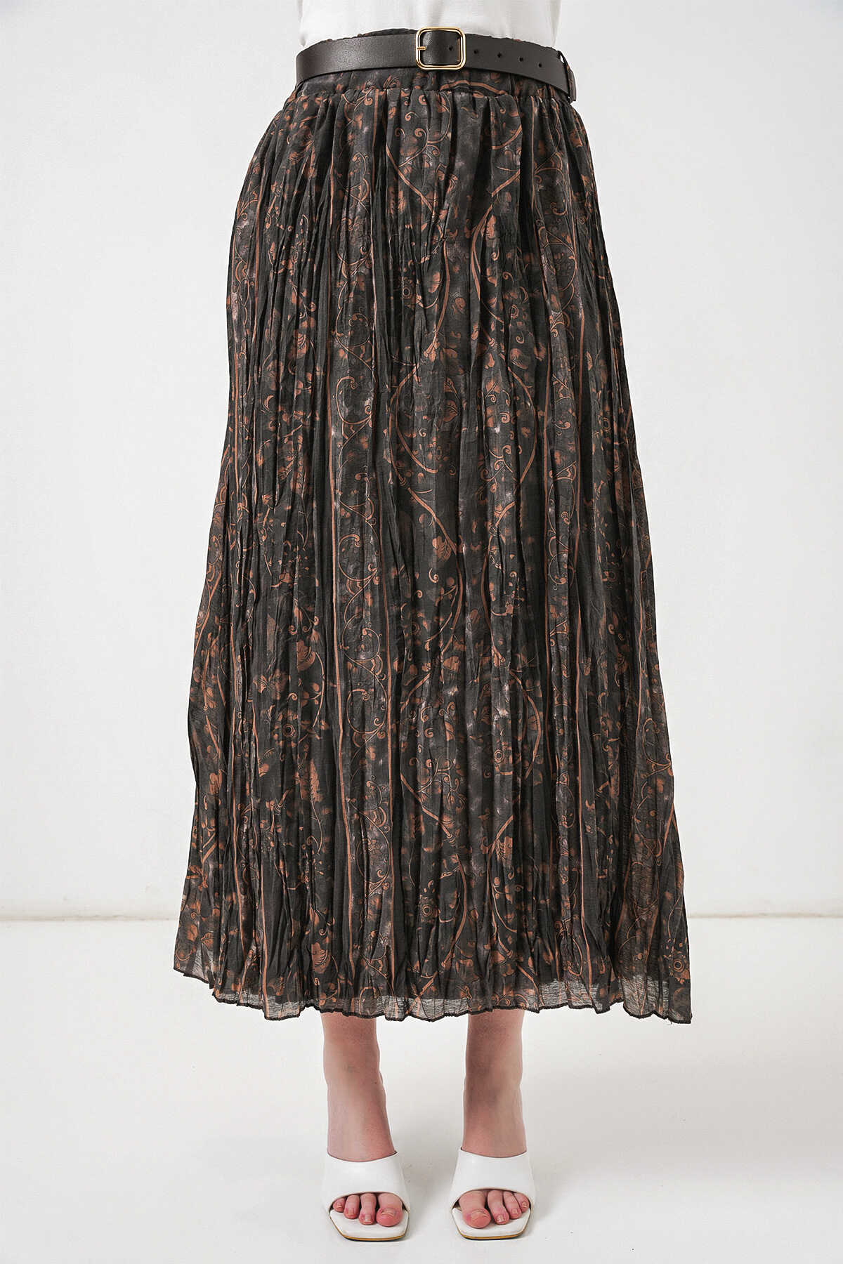 Kadın Kemerli Desenli Etek 8074 - Füme - 2