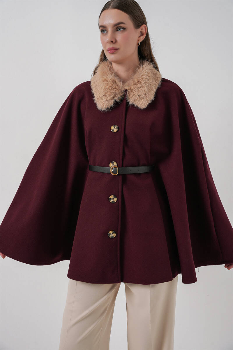 Kadın Kemerli Kaşe Panço 9165 - Bordo - BİGDART