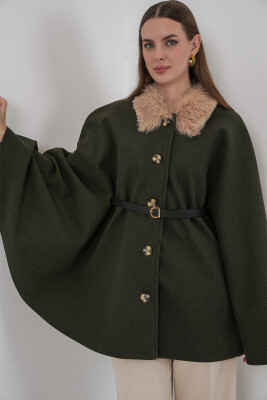 Kadın Kemerli Kaşe Panço 9165 - Haki - BİGDART