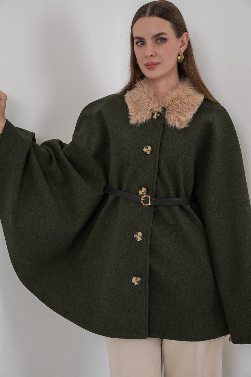 Kadın Kemerli Kaşe Panço 9165 - Haki - BİGDART