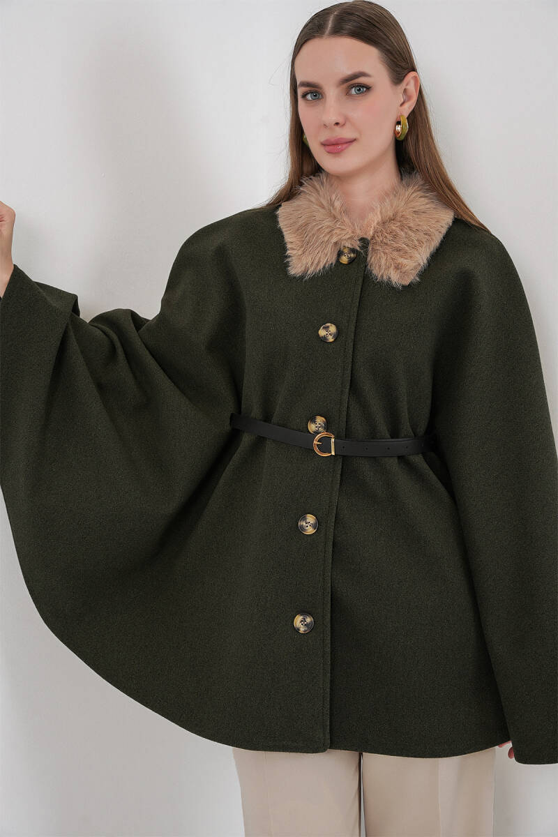 Kadın Kemerli Kaşe Panço 9165 - Haki - BİGDART