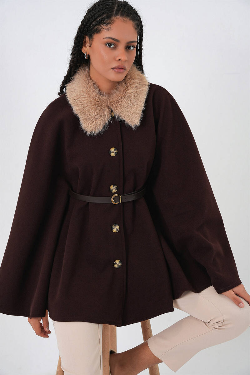 Kadın Kemerli Kaşe Panço 9165 - Kahverengi - BİGDART